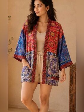 New Recycled Saree Silky Kimono OS